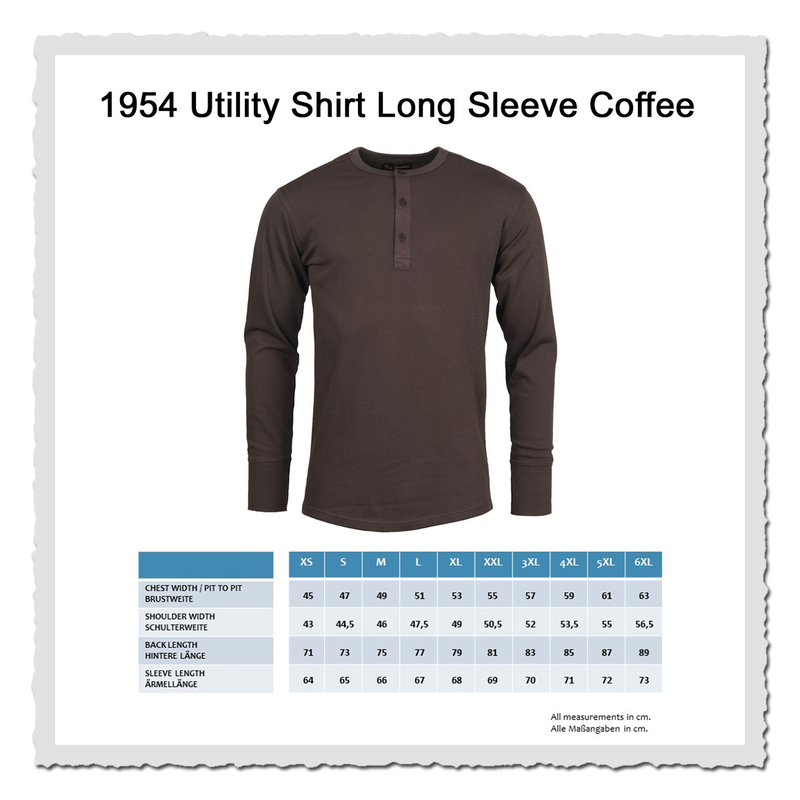 Masstabelle 1954 Utility Shirt Coffee – Pike Brothers Henley mit Knopfleiste